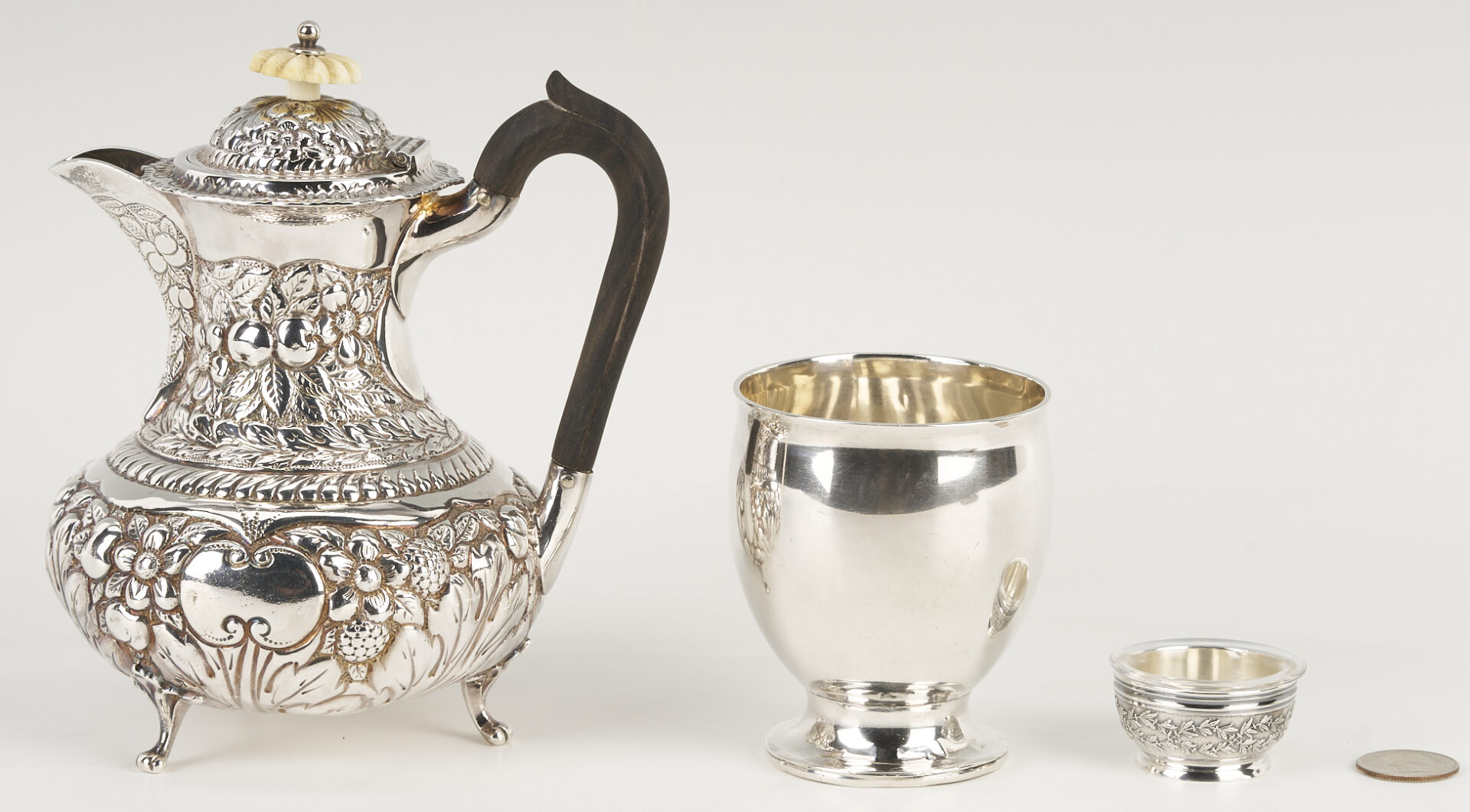 Lot 995: Sterling Teapot, Coin Silver Goblet & Odiot French Salt