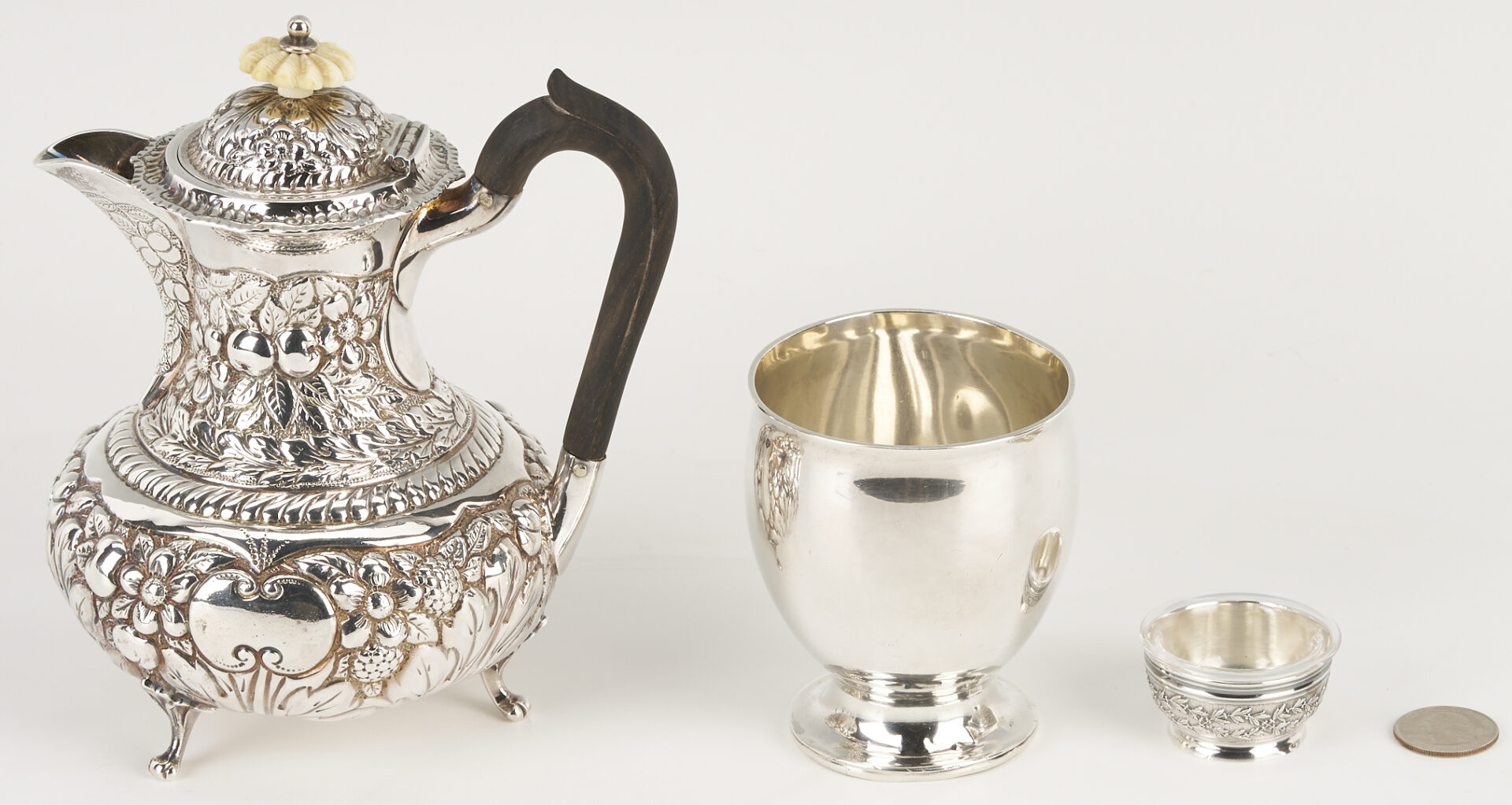 Lot 995: Sterling Teapot, Coin Silver Goblet & Odiot French Salt