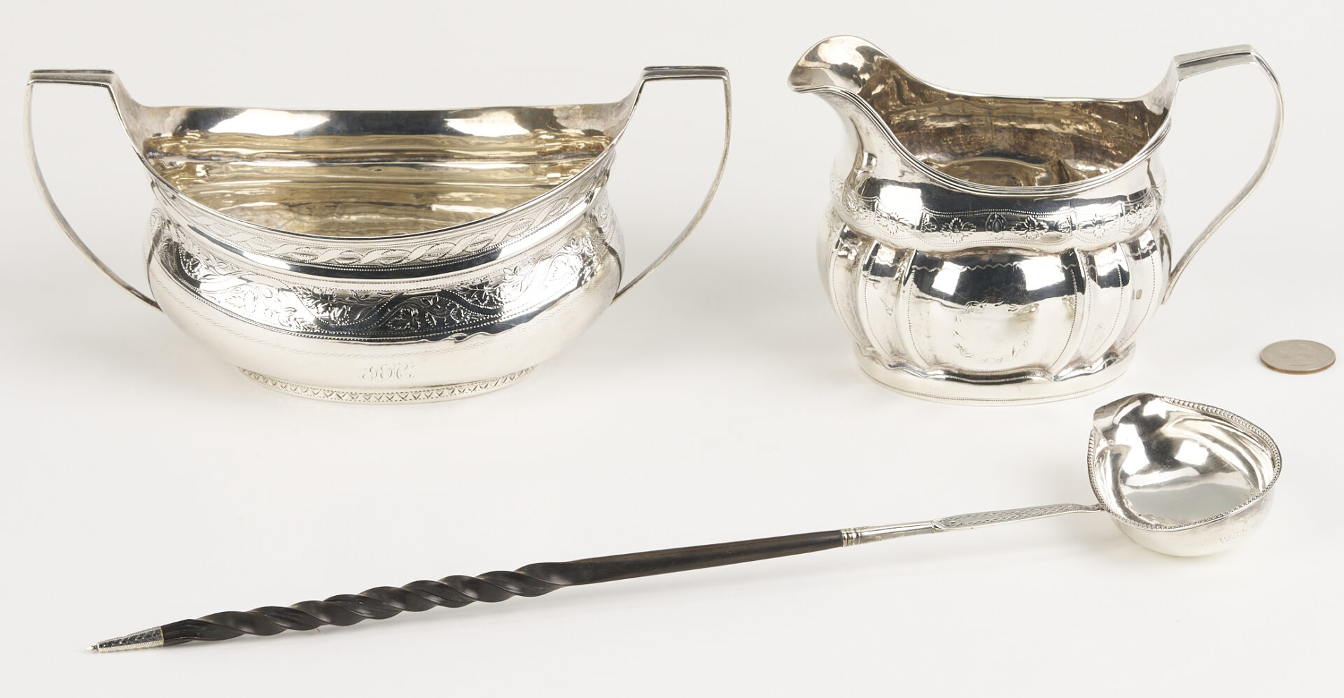Lot 996: Irish Sterling Sugar Bowl & Cream Jug plus English Ladle, 3 pcs