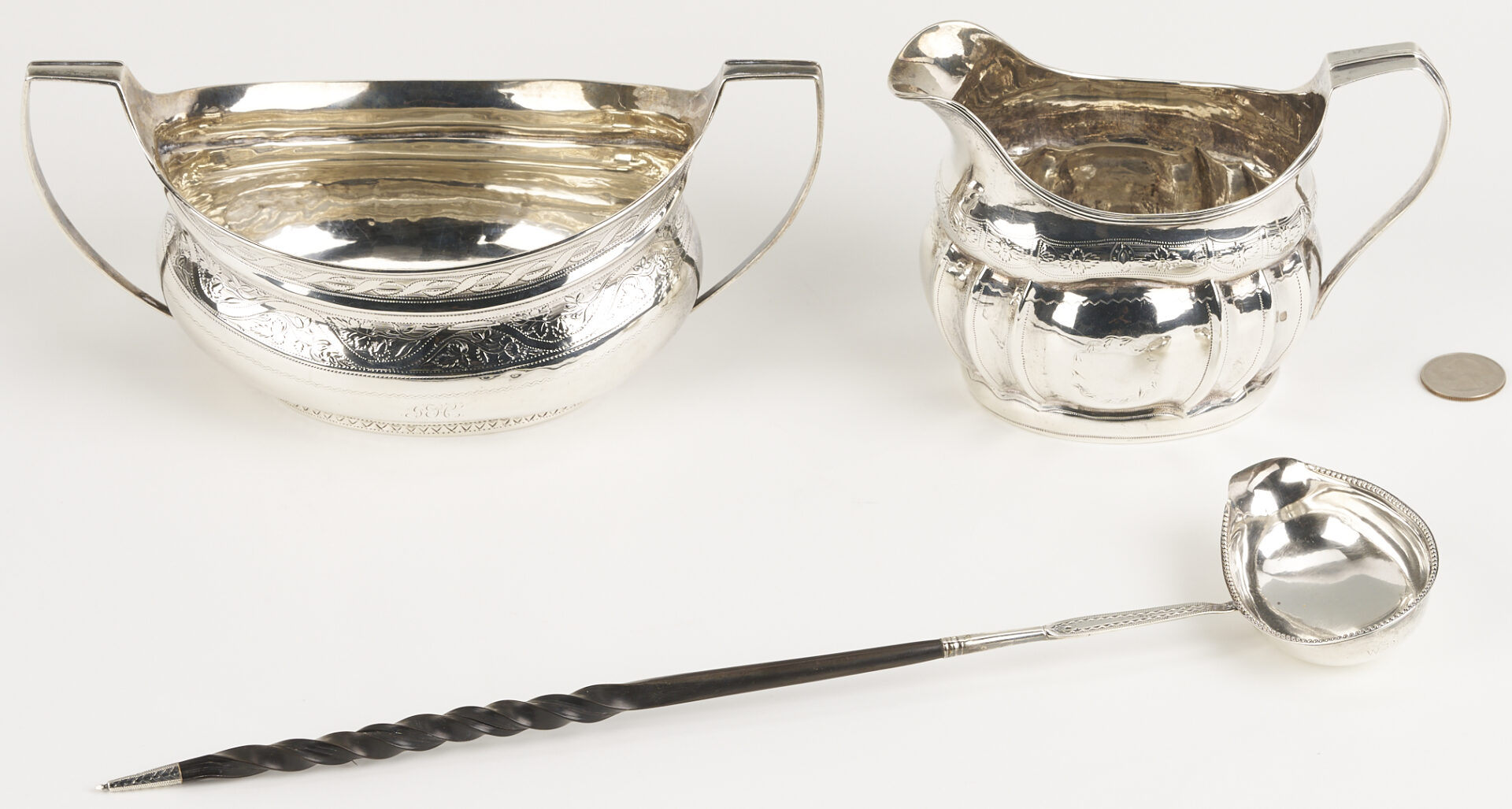 Lot 996: Irish Sterling Sugar Bowl & Cream Jug plus English Ladle, 3 pcs