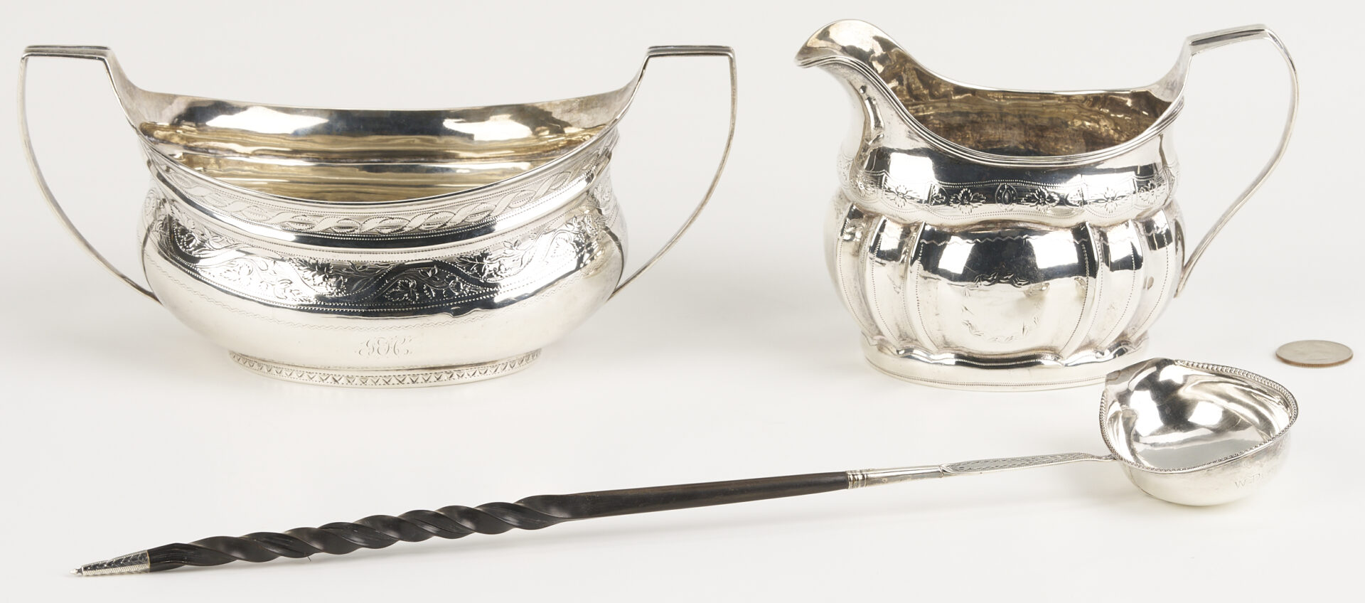 Lot 996: Irish Sterling Sugar Bowl & Cream Jug plus English Ladle, 3 pcs