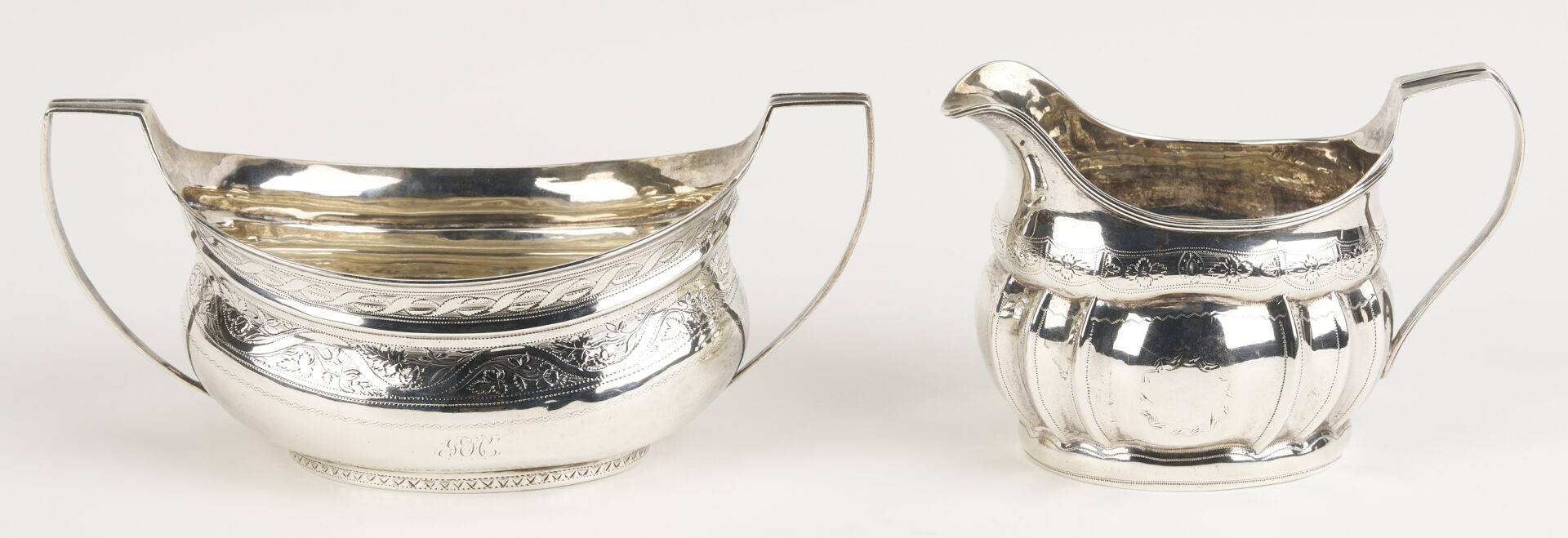 Lot 996: Irish Sterling Sugar Bowl & Cream Jug plus English Ladle, 3 pcs