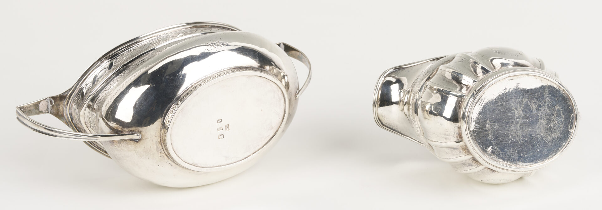 Lot 996: Irish Sterling Sugar Bowl & Cream Jug plus English Ladle, 3 pcs