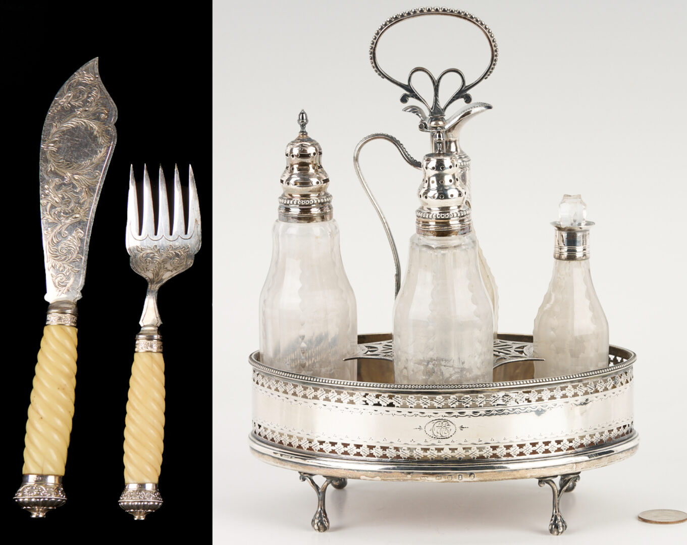 Lot 997: English Sterling Cruet Set plus Silverplated Fish Servers