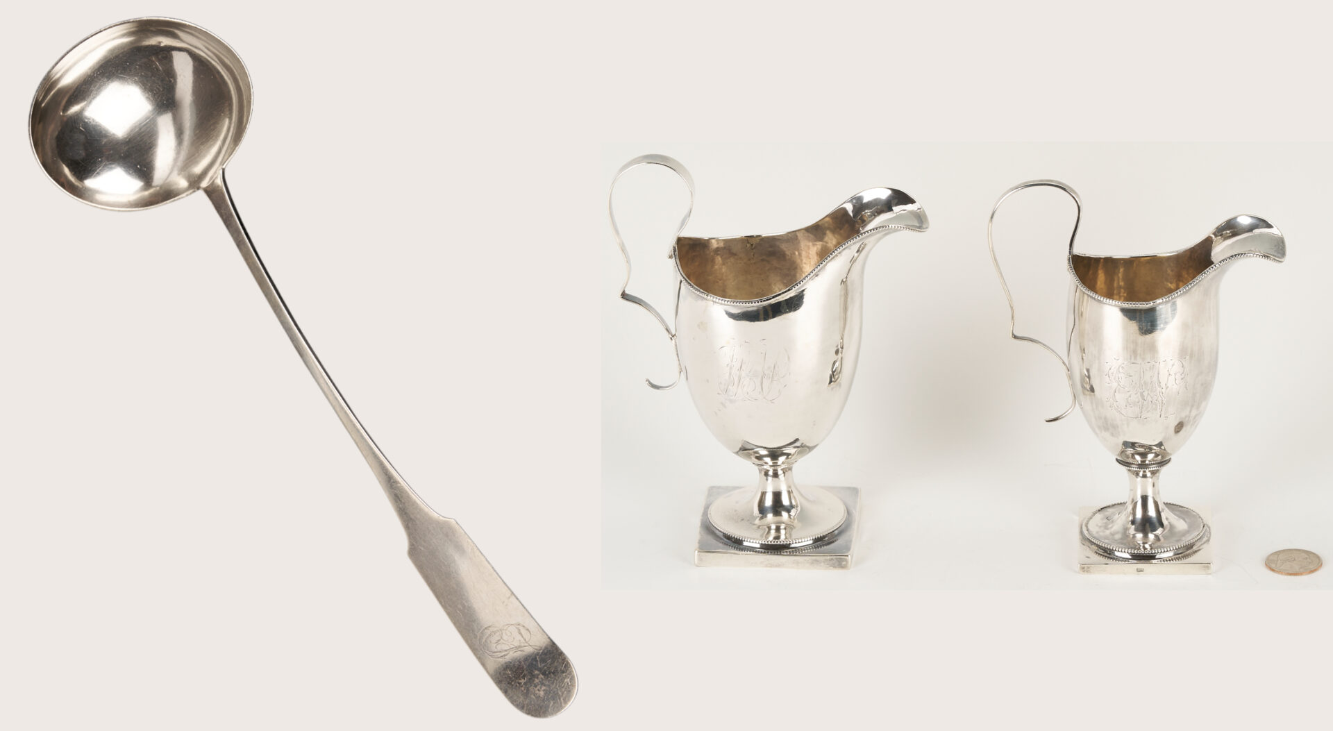 Lot 998: American Coin Silver Ladle, attrib. William Ward Jr. and 2 American Coin Silver Creamers, Joseph Shoemaker