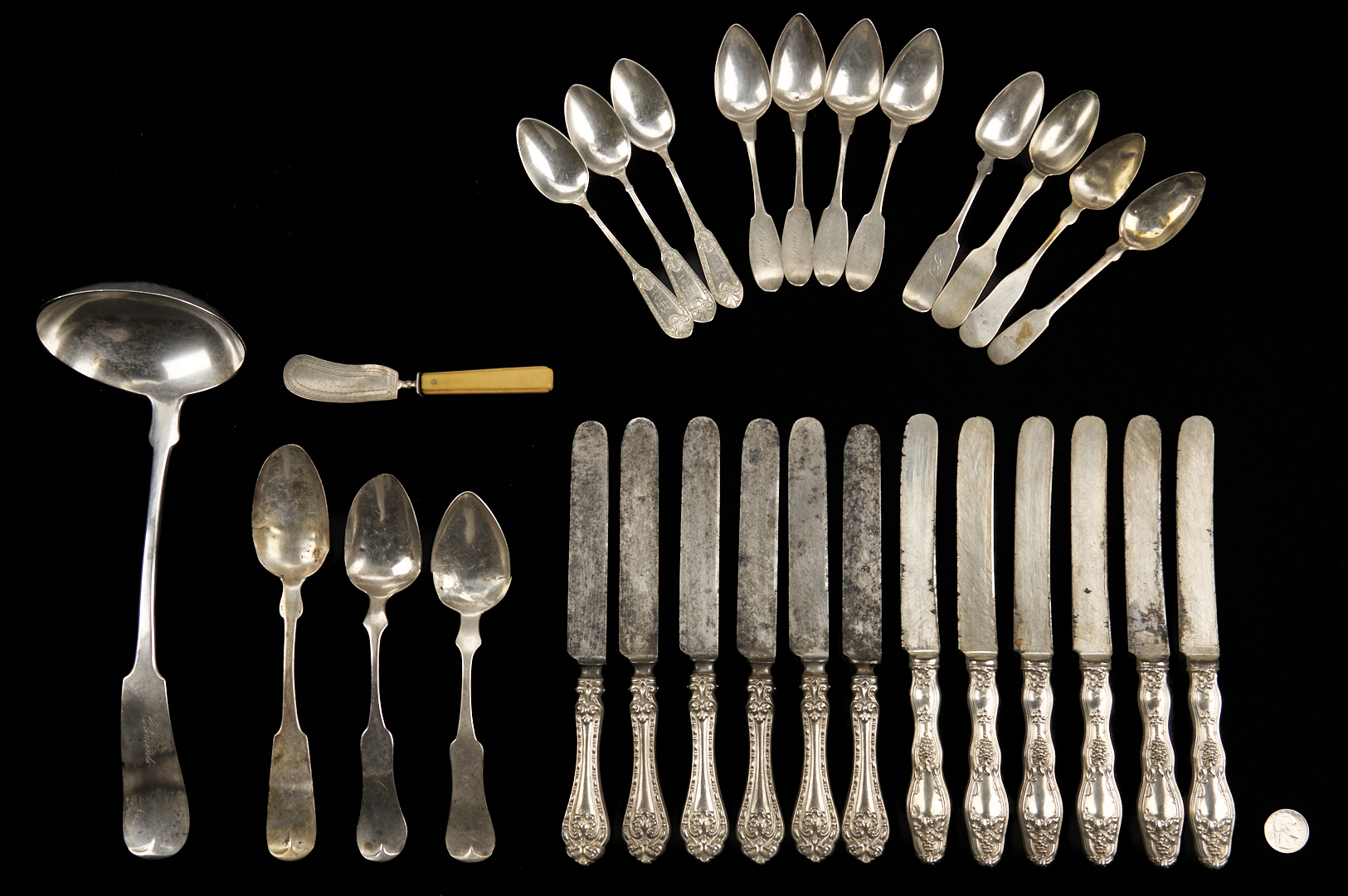 Lot 999: Assorted Coin & Sterling Silver Incl. Ladle, 12 Knives