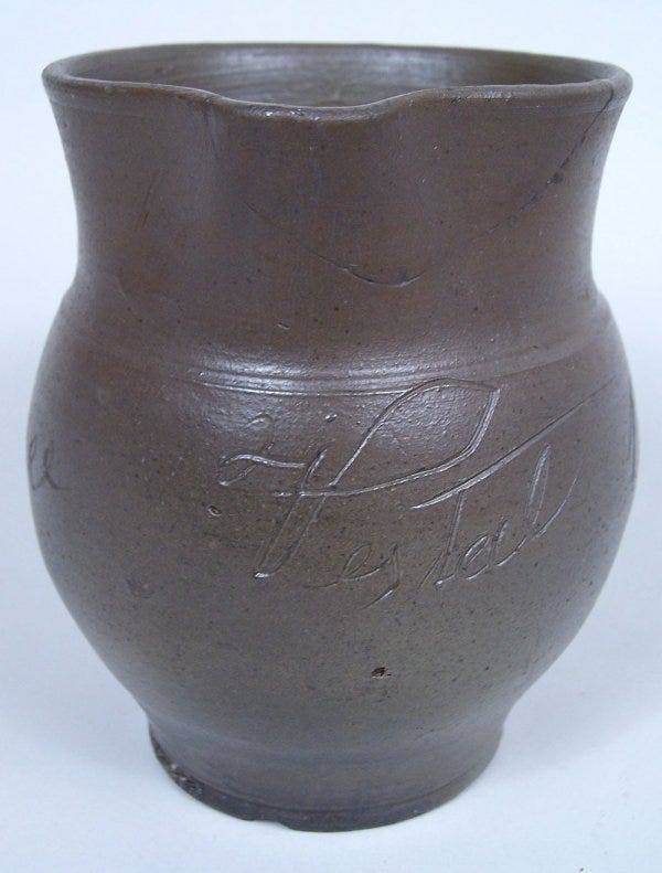 Lot 61: Southern stoneware pitcher, Jessee Vestal, Washington Co., Virginia, signed and dated