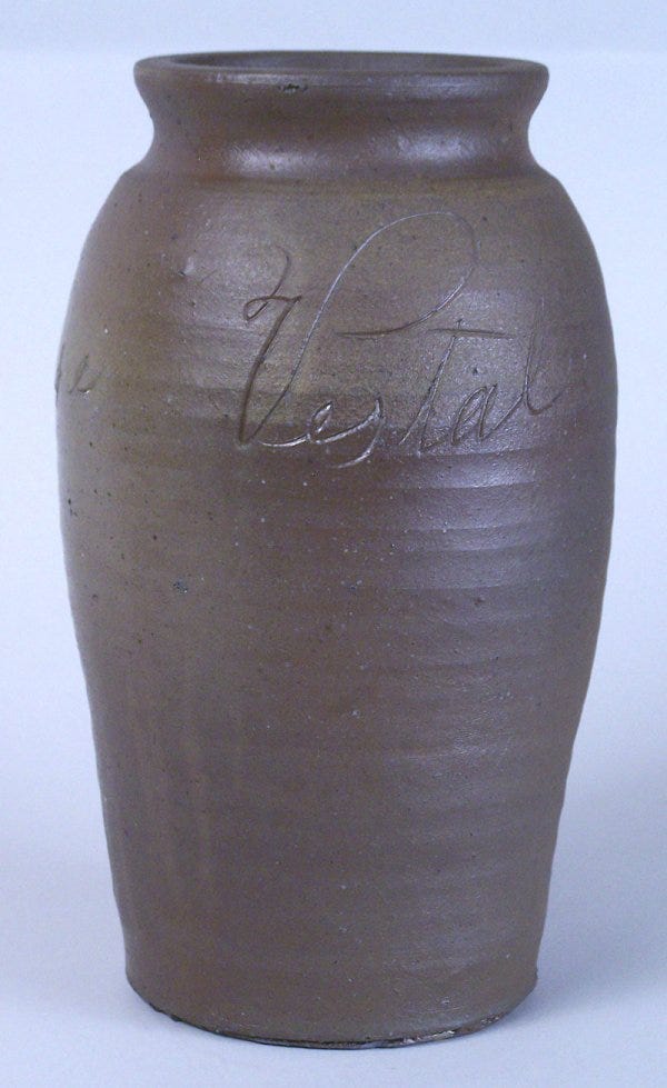Lot 62: Southern stoneware jar, Jessee Vestal, Washington Co., Virginia, signed and dated