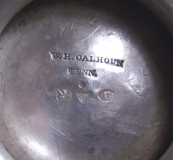 Lot 103: Rare Tennessee coin silver coffee pot, marked W. H. Calhoun  Tenn.