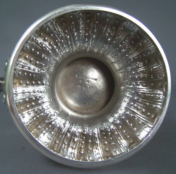 Lot 103: Rare Tennessee coin silver coffee pot, marked W. H. Calhoun  Tenn.