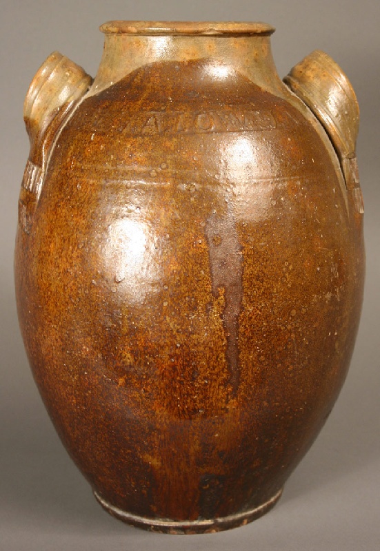 Lot 64: Exceptional and rare Greene County, TN redware jar, marked,  J.A. Lowe