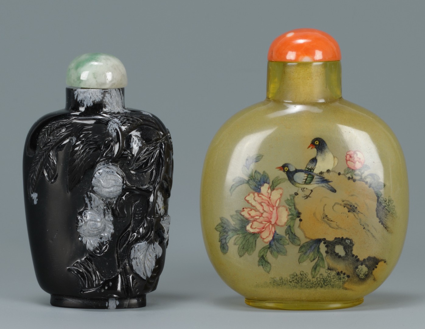 Lot 244: 2 Chinese Snuff Bottles, Obsidian & Reverse Paint