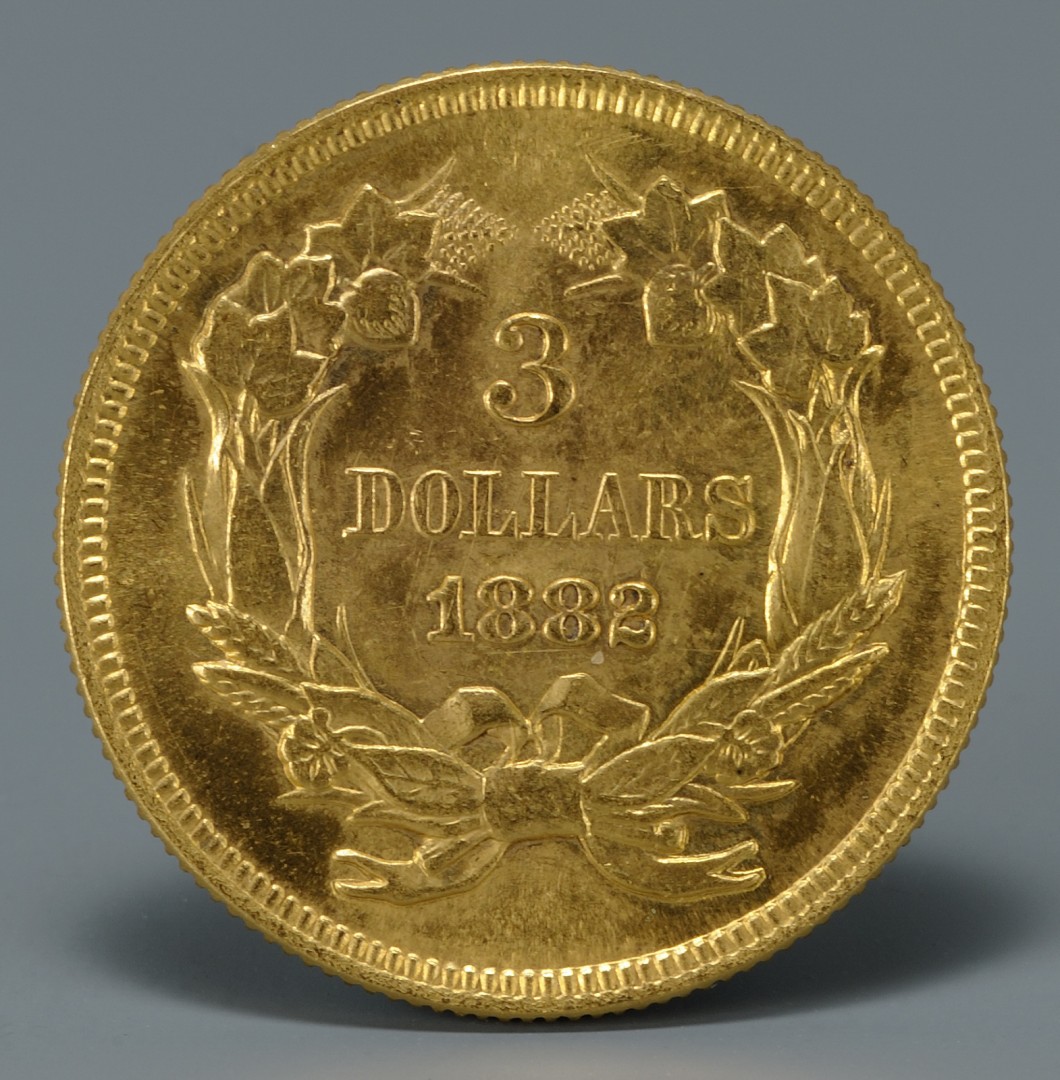 Lot 742: Three 1882 U.S. 3 Dollar Gold Coins