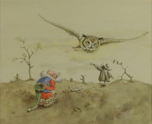 Lot 174: Werner Wildner Watercolor, Owl and Gnome
