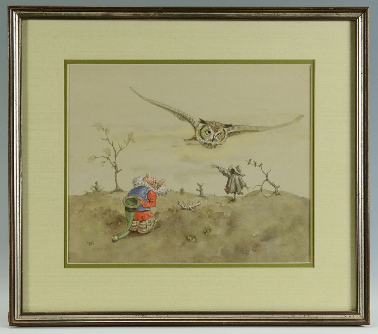 Lot 174: Werner Wildner Watercolor, Owl and Gnome