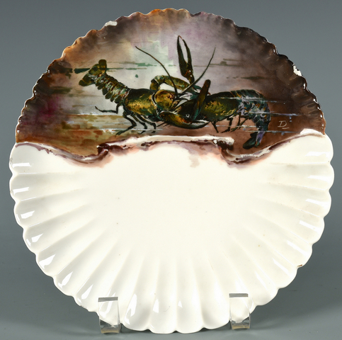 A porcelain fish plate from the Haviland service designed for President Rutherford B. Hayes in 1879, with designer Theodore Davis cypher en verso. Est. $1,800-2,200