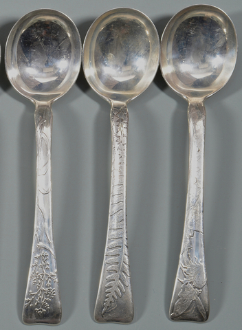 Three spoons from a 62-piece set of Tiffany’s “Lap Over Edge” pattern sterling flatware. Estimate for the set: $10,000-12,000