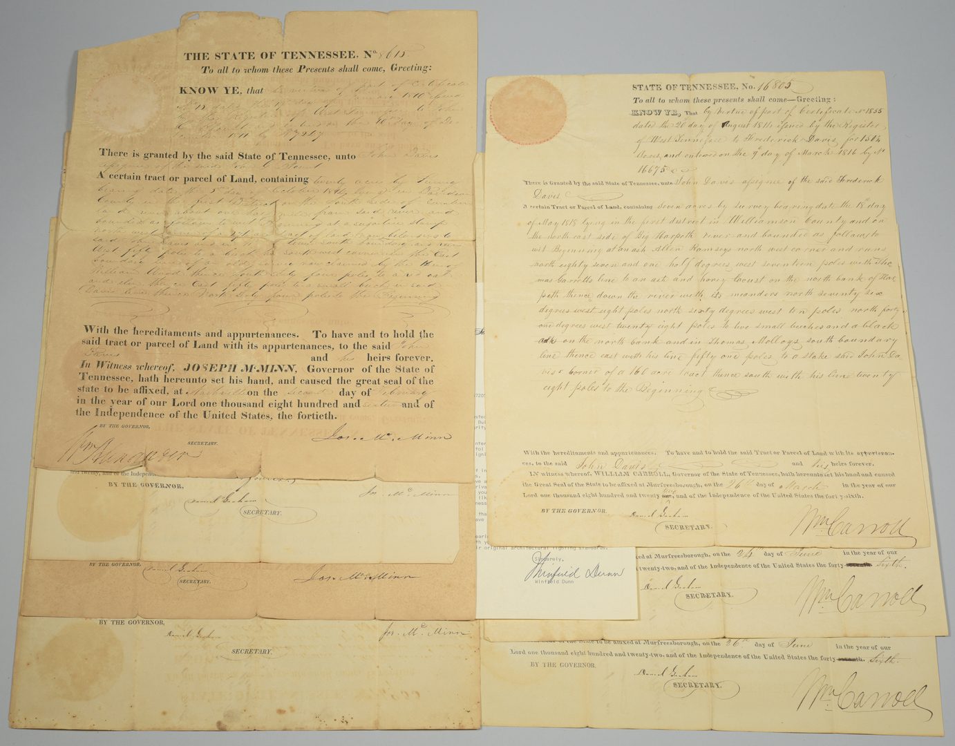 Lot 740: 8 TN Governor Signed Land Grants & 1 Letter