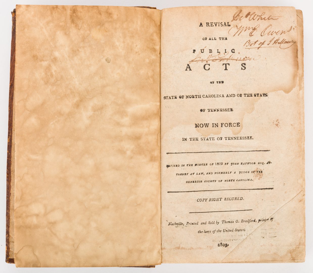Lot 238: Revisal of All Public Acts of NC & TN, Haywood, 1809