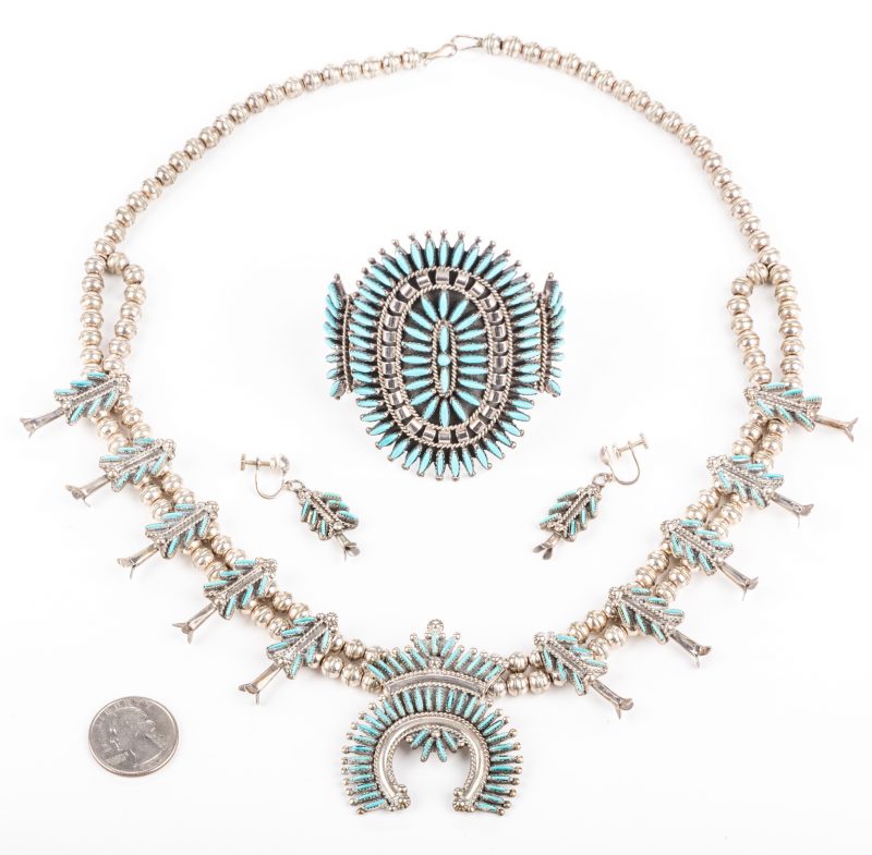 Lot 395: Zuni Needlepoint Necklace, Earrings, Cuff