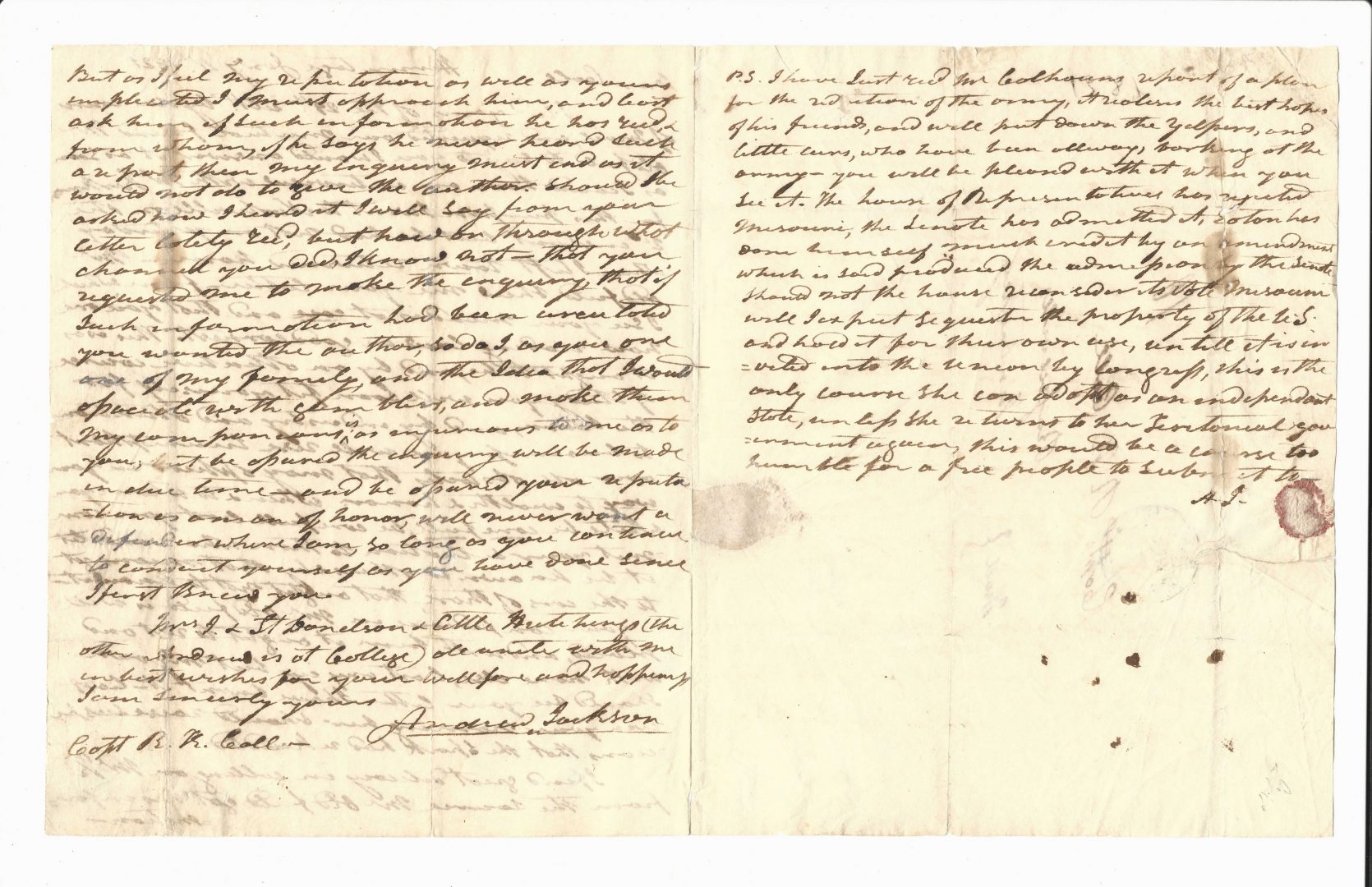 Lot 424: Early Andrew Jackson Signed Letter to Richard K. Call (ALS)