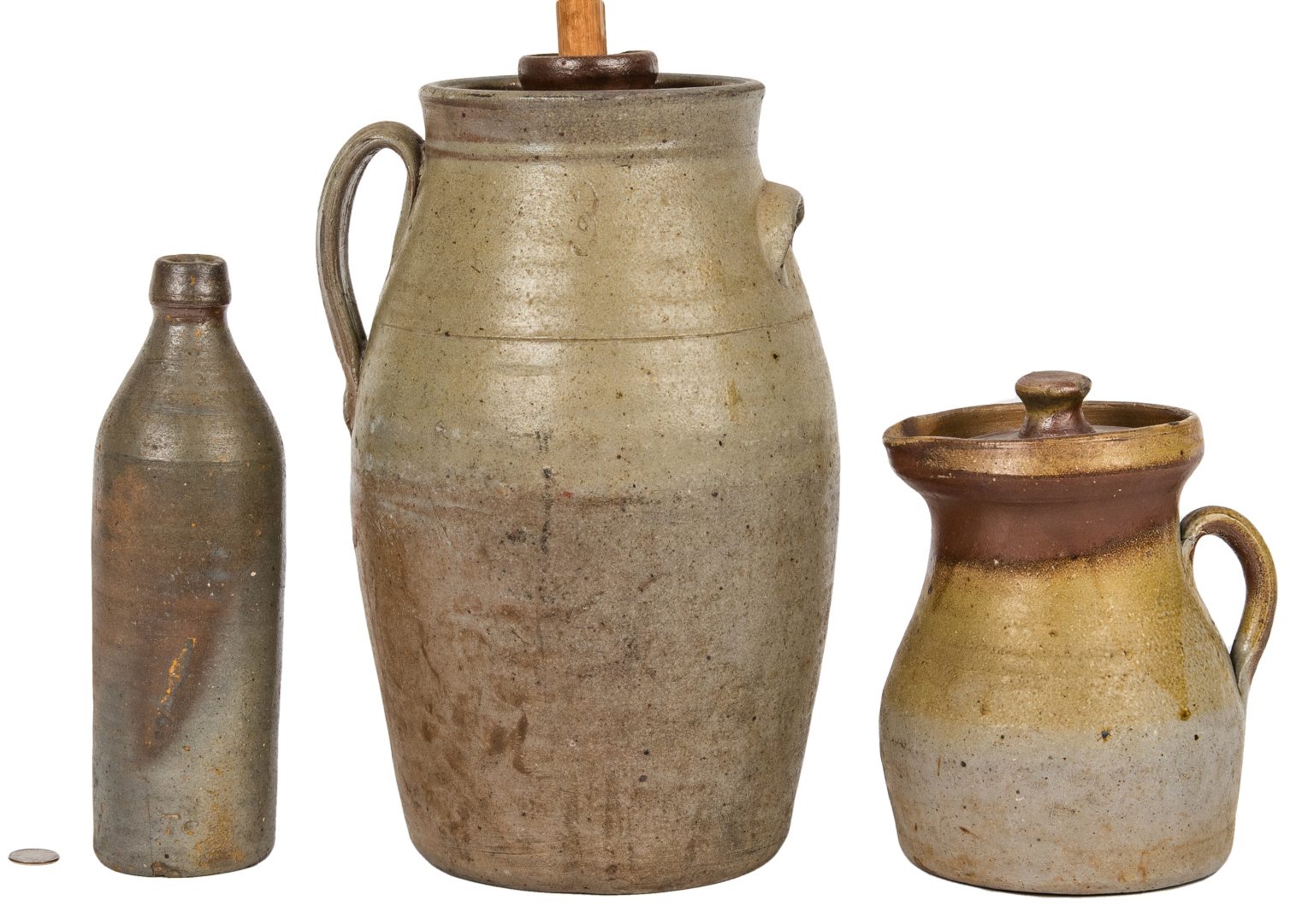 Lot 146: Middle TN Stoneware Churn, Bottle and Pitcher – 3 pcs
