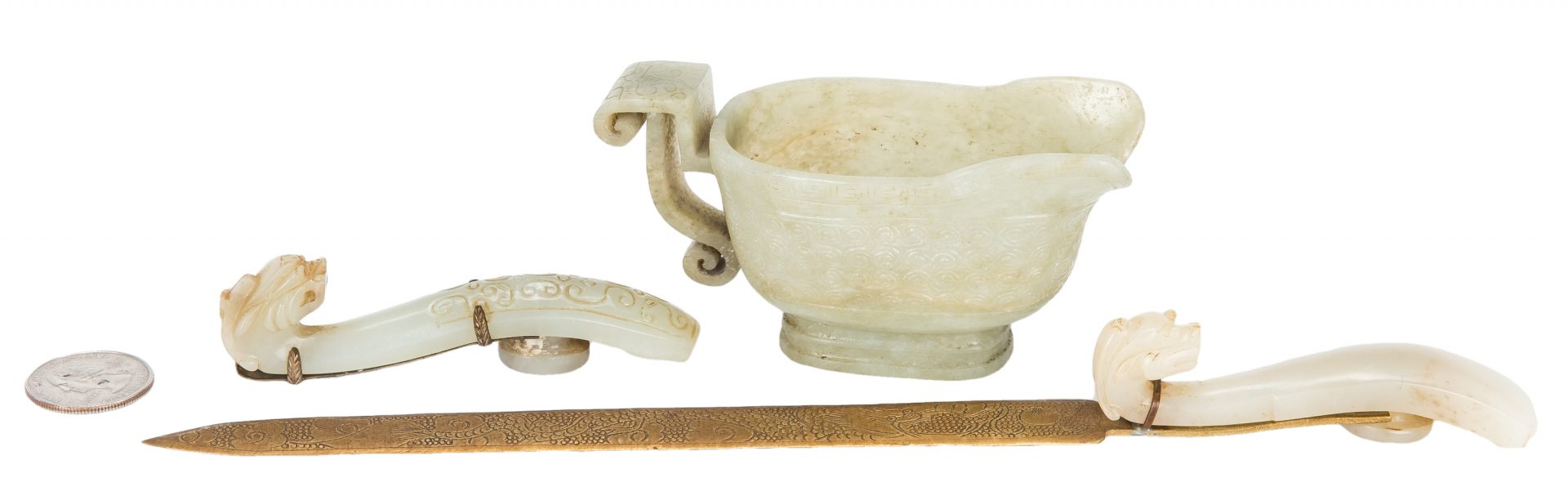 Lot 2: Archaic form Jade Libation Cup & 2 Jade Belt Hooks