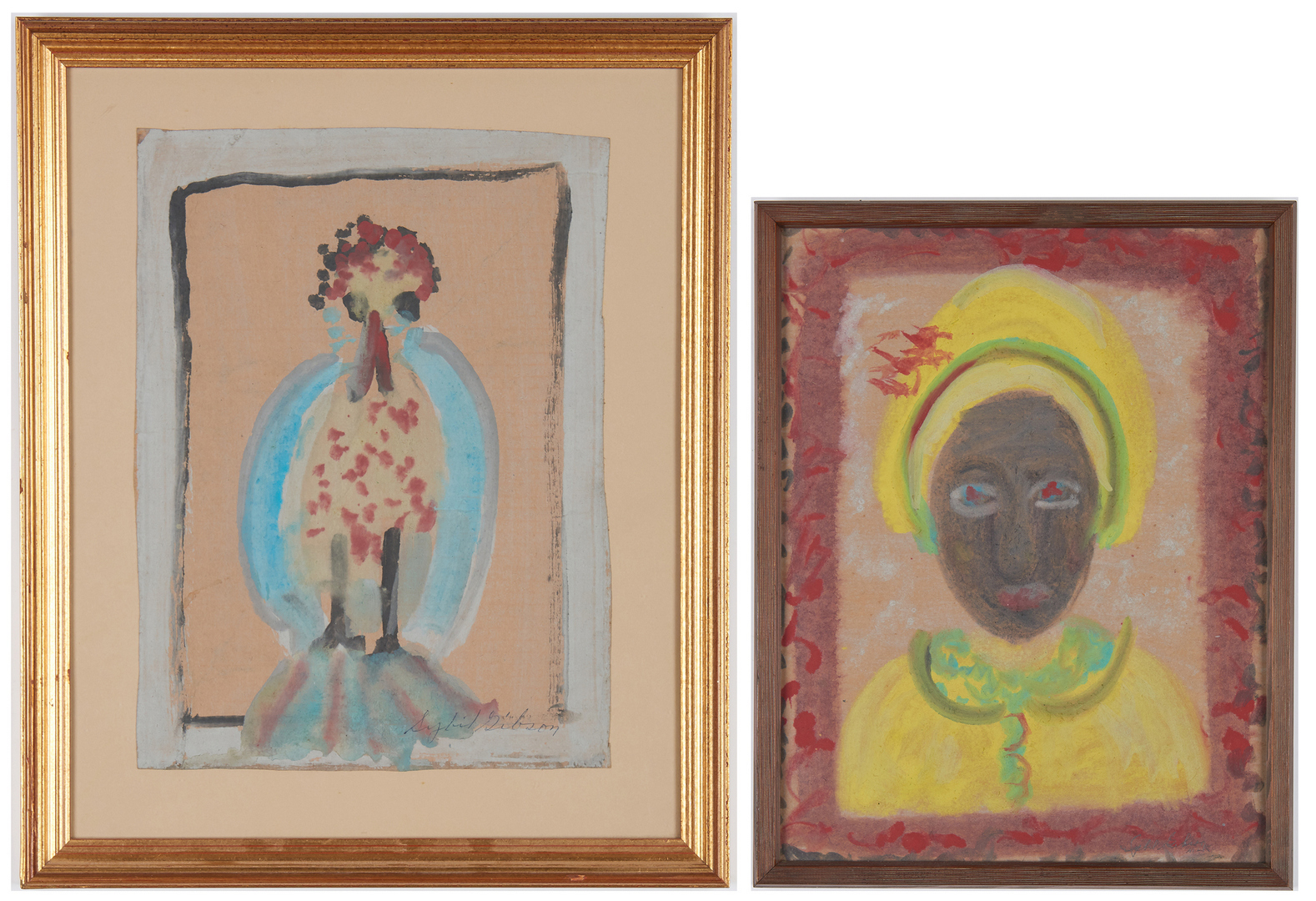Lot 389: 2 Sybil Gibson Outsider Art Mixed Media Paintings, incl. Portrait