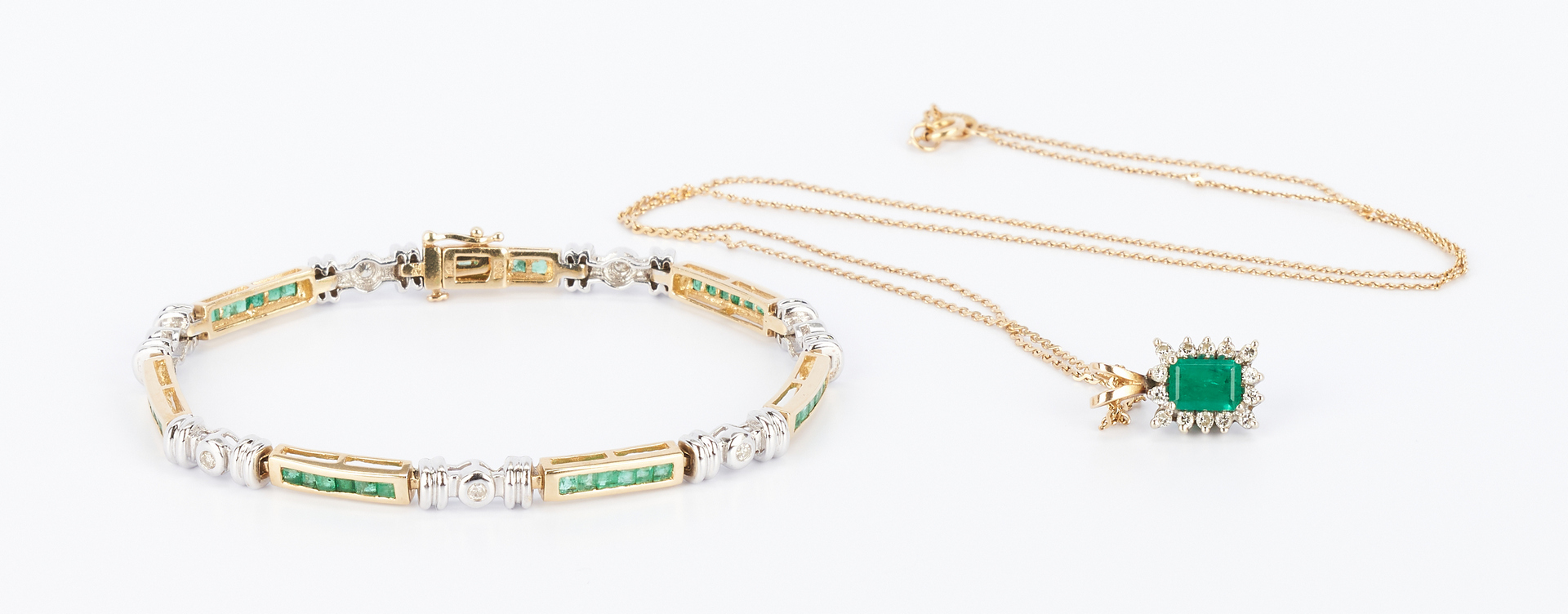 Lot 769: Ladies Diamond and Emerald Bracelet & Pendant w/ Necklace, 3 items