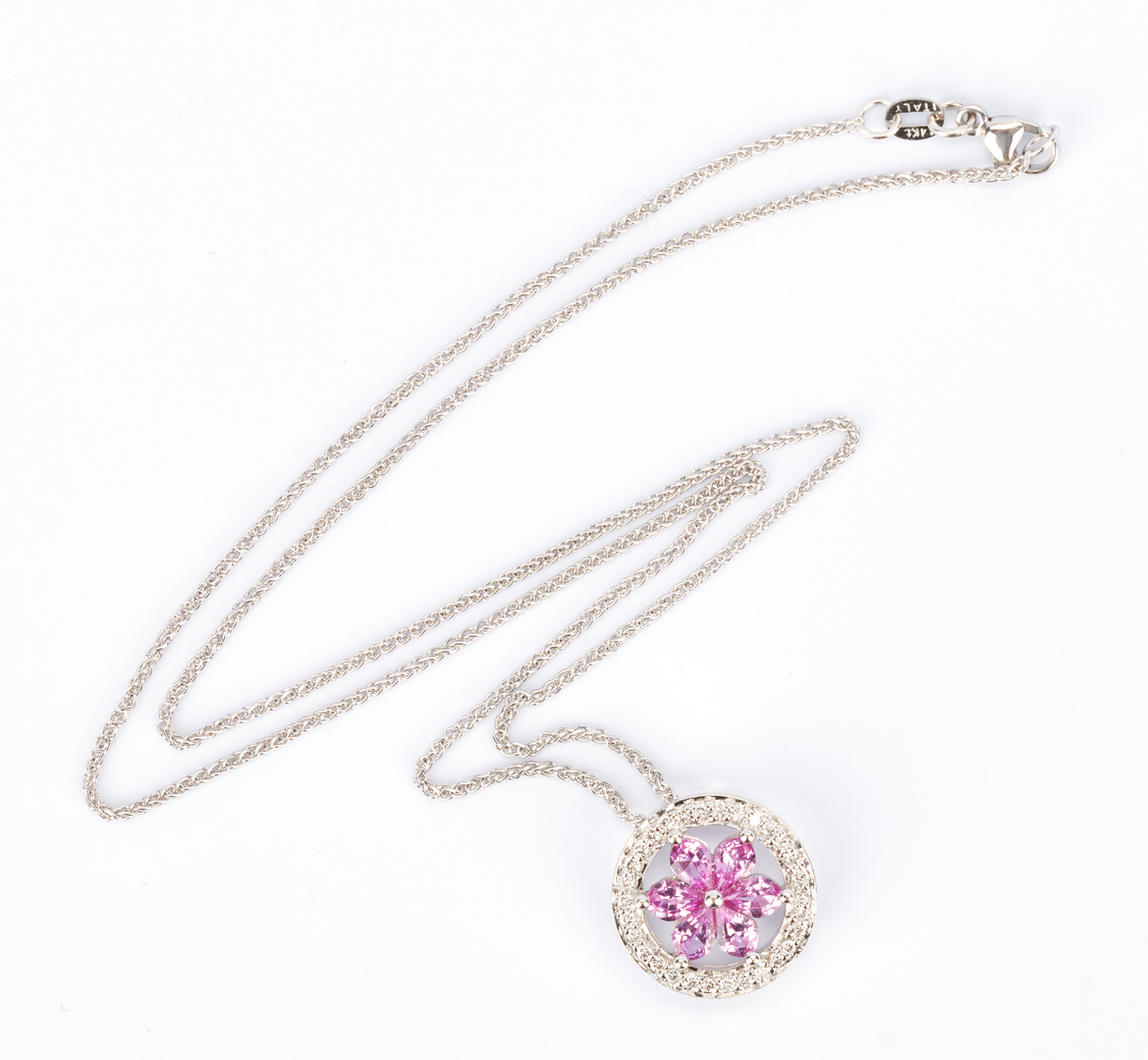 Lot 777: Ladies 18K Diamond & Pink Sapphire Pendant & 14K White Gold Necklace