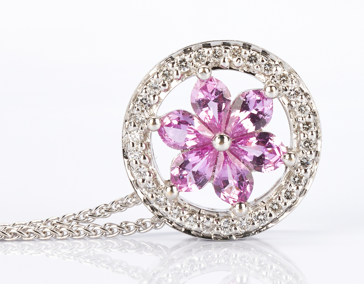 Lot 777: Ladies 18K Diamond & Pink Sapphire Pendant & 14K White Gold Necklace