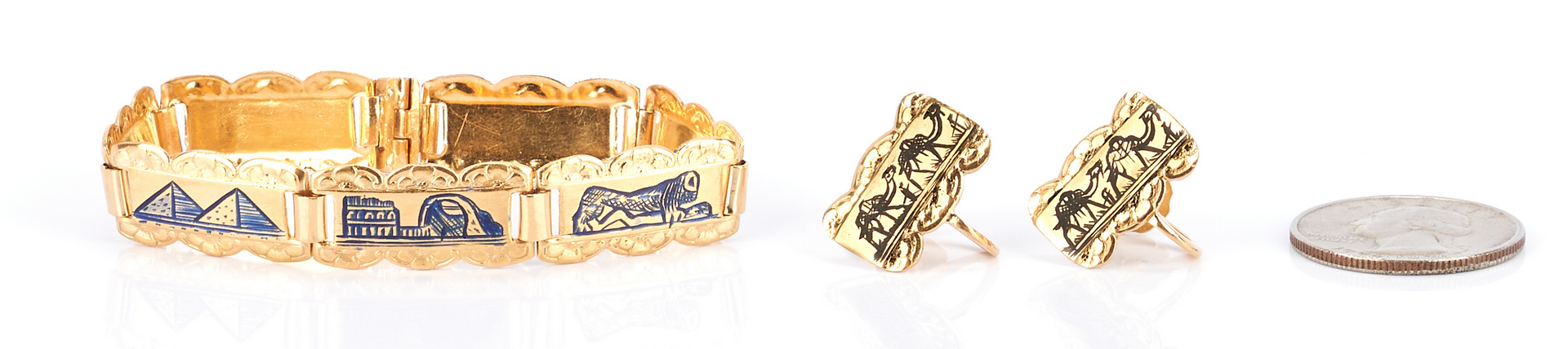 Lot 779: 18K Gold Egyptian Tile Bracelet and Earrings
