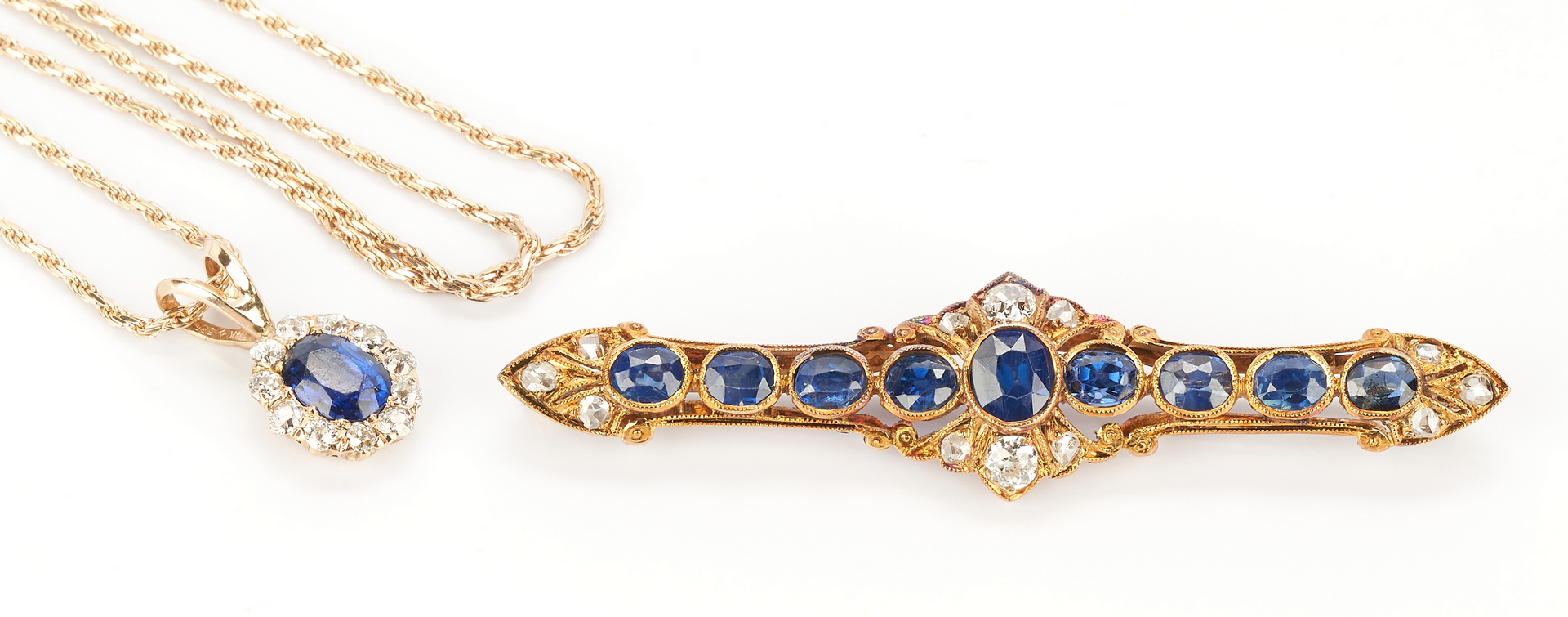 Lot 780: Ladies 14K Sapphire and Diamond Necklace and Pin