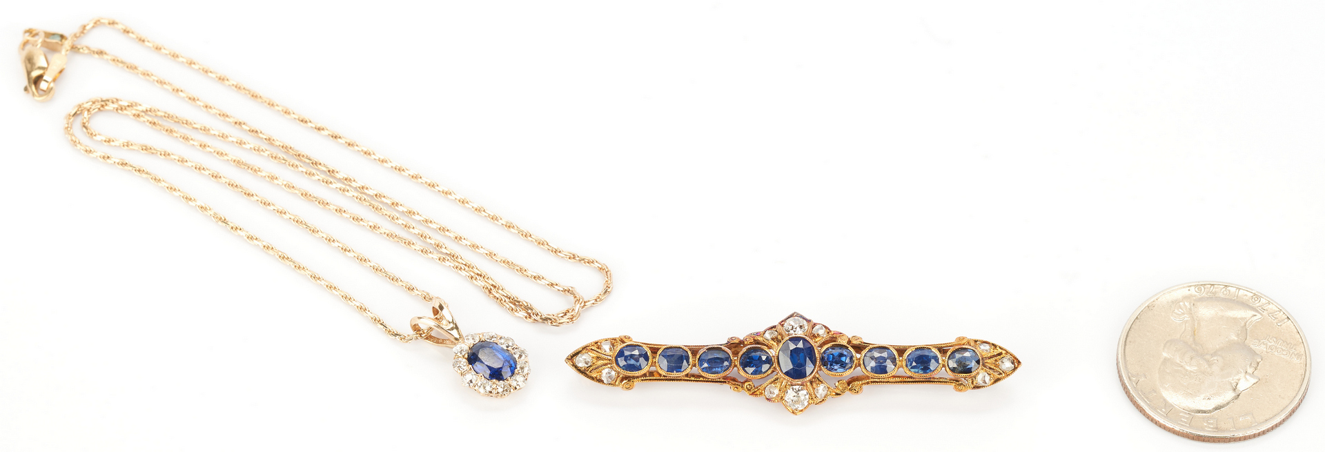 Lot 780: Ladies 14K Sapphire and Diamond Necklace and Pin