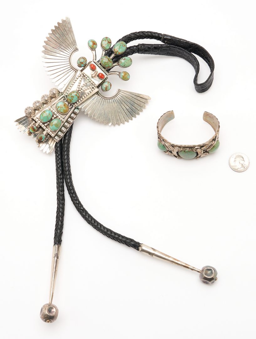 Lot 1122: 3 Native American Jewelry Related Items, Jerry Roan Eagle Katsina Bolo, Cuff Bracelet, & Book