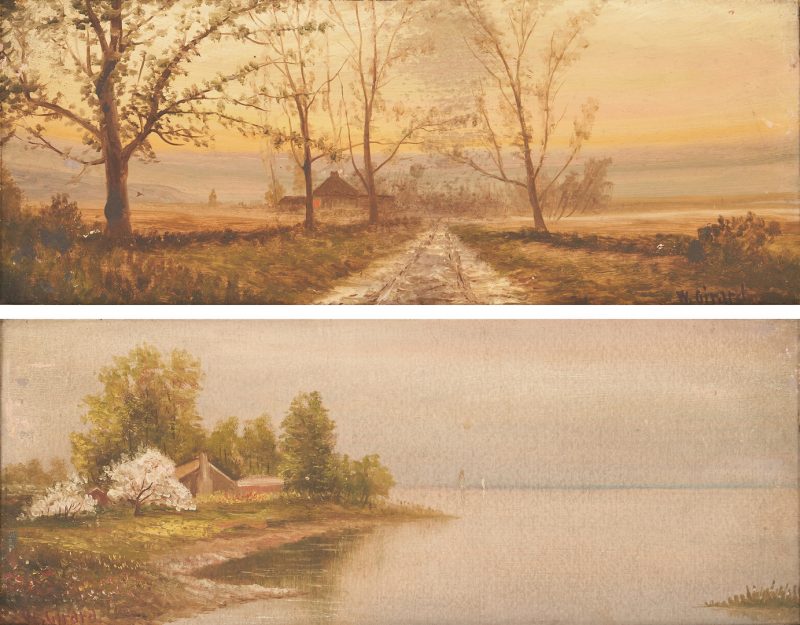 Lot 991: 2 Washington Girard landscape paintings, Country Road and Lake with Boats
