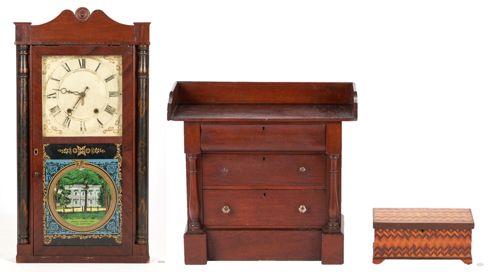 Lot 981: Pillar & Scroll Clock, Andrew Jackson's Hermitage + Folk Art Box & Miniature Chest of Drawers