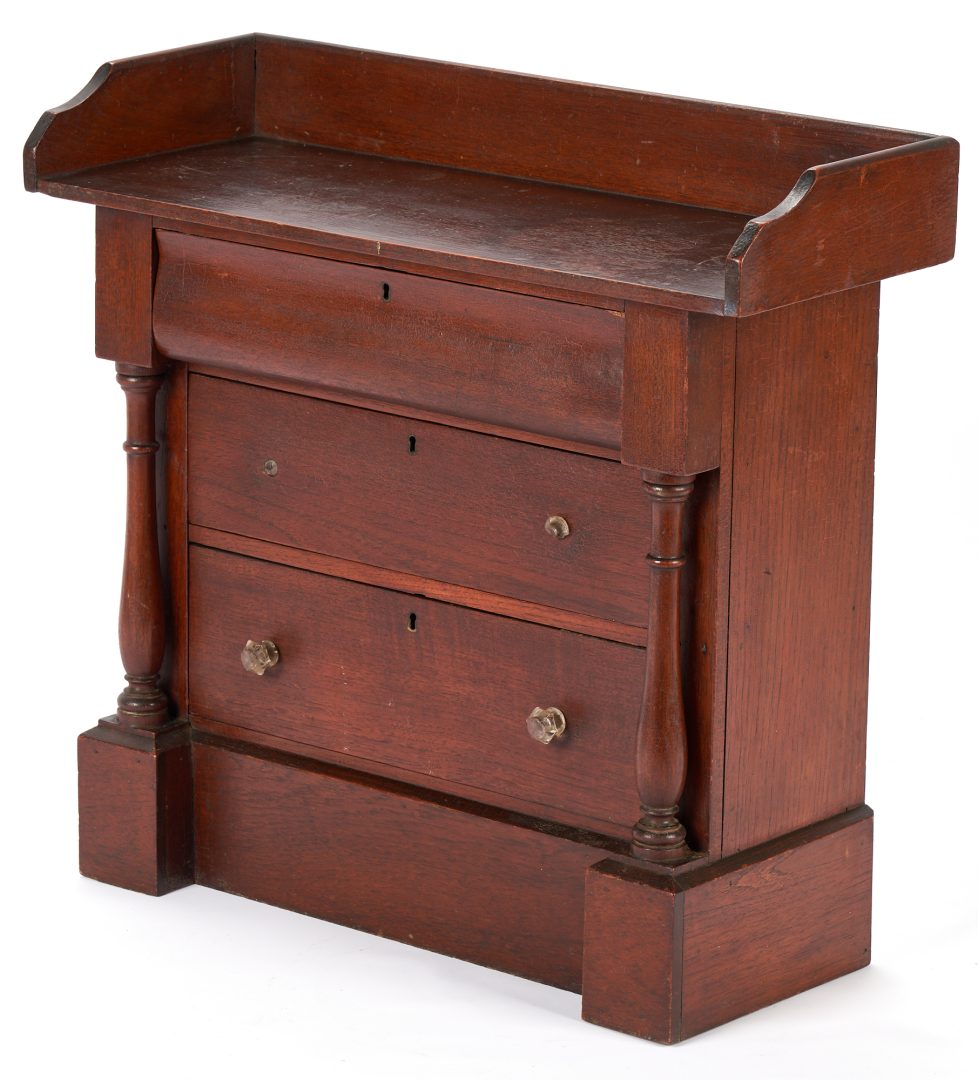 Lot 981: Pillar & Scroll Clock, Andrew Jackson's Hermitage + Folk Art Box & Miniature Chest of Drawers