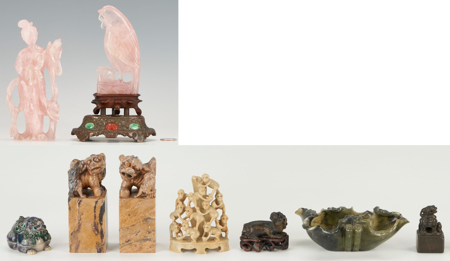 Lot 6: 10 Small Asian Figural Items, incl. Bronze Seal & Carved Rose Quartz