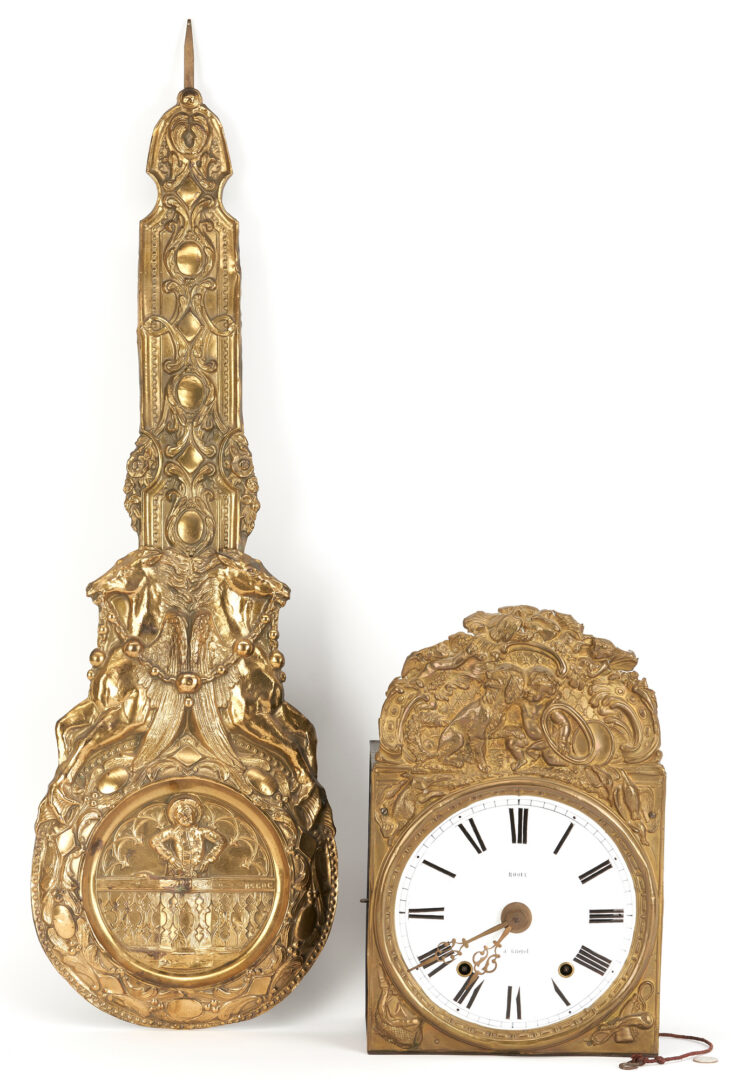 Lot 906: 3 French Gilt Brass Items:  Mirrored Sconces & Morbier Wall Clock