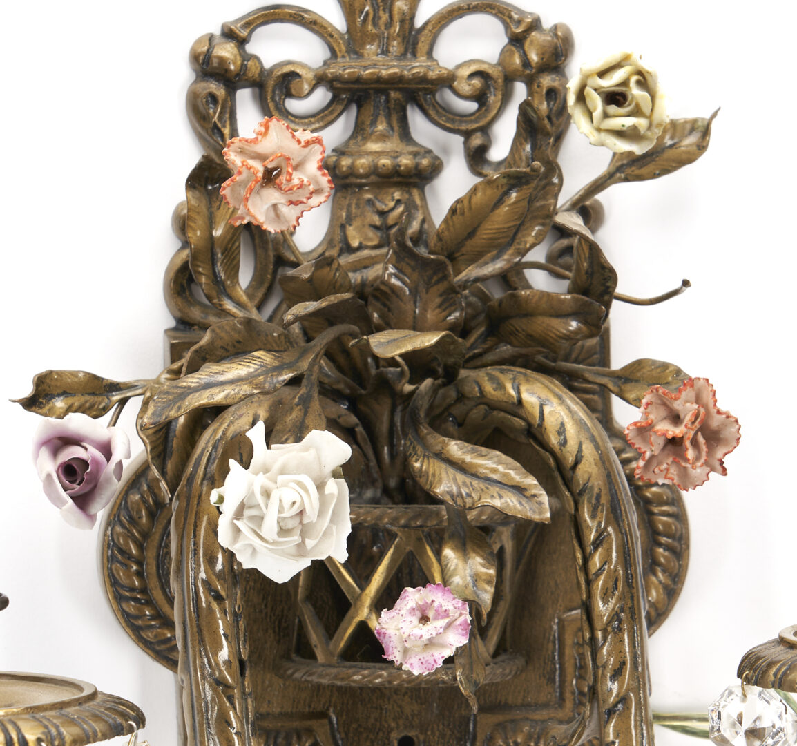 Lot 1015: 3 French Bronze & Porcelain pcs., incl. Floral Chandelier & Wall Sconces