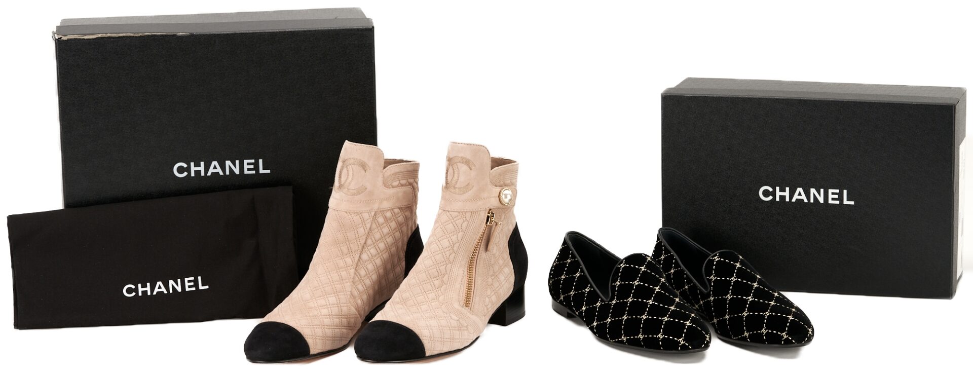 Lot 1175: 2 Pairs of Chanel Quilted Shoes, Ankle Boots & Logo Loafers
