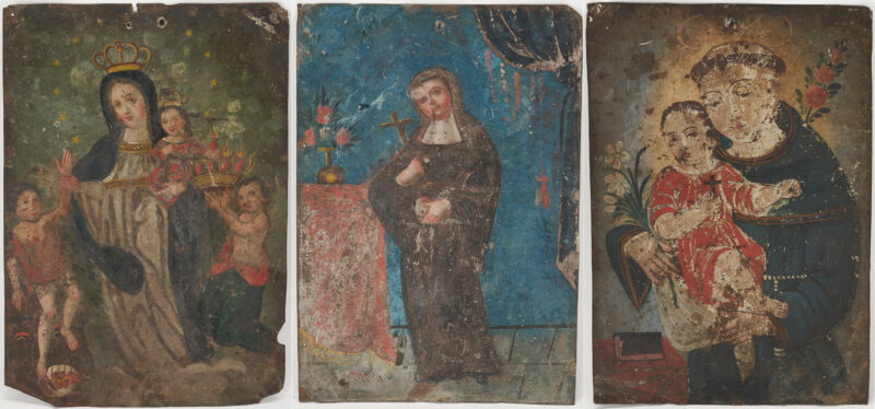 Lot 357: 3 Early Mexican Retablos, Our Lady of Light & Saints