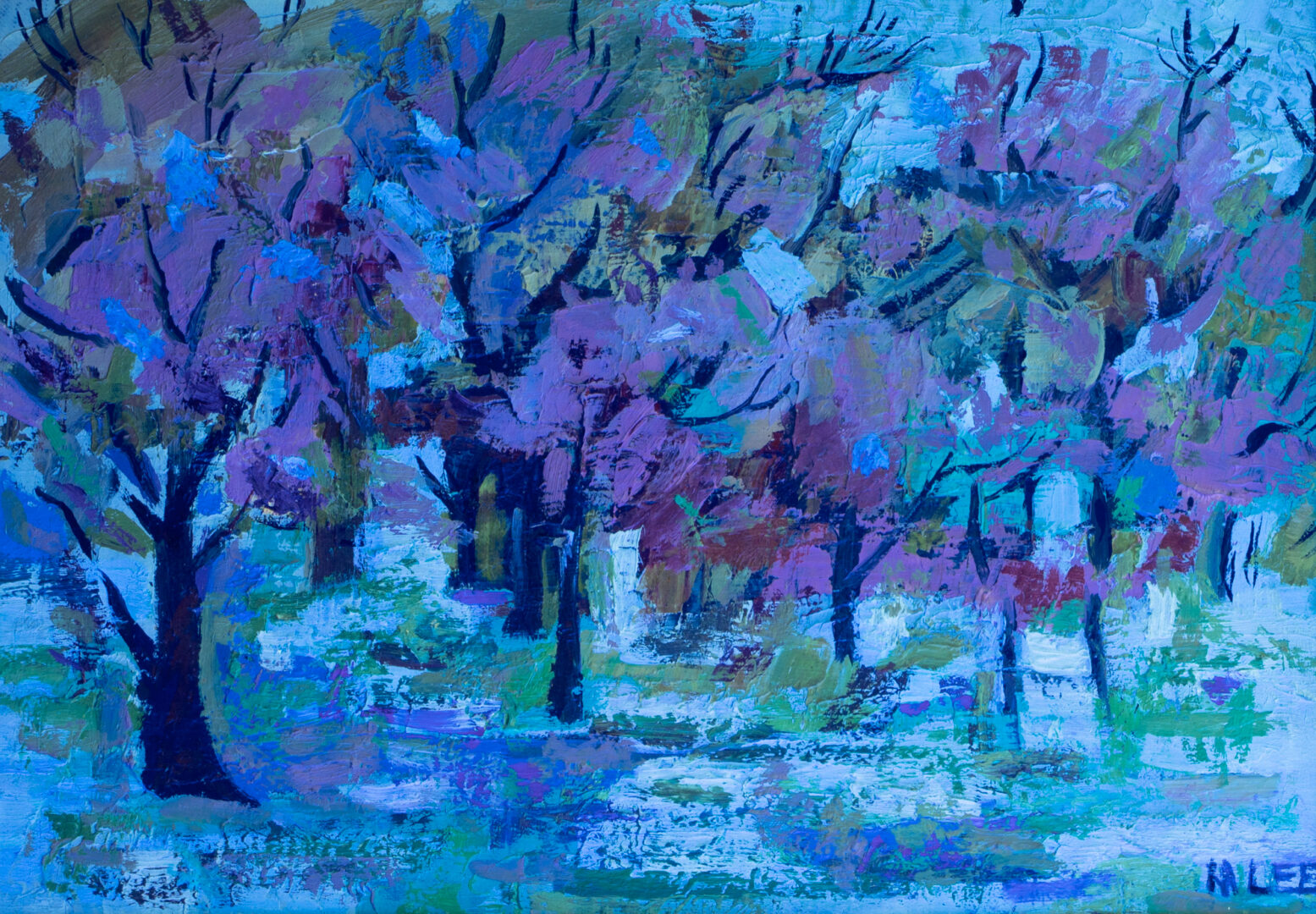 Lot 494: Marjorie Lee O/B Abstract Landscape Painting, Peach Orchard in Bloom