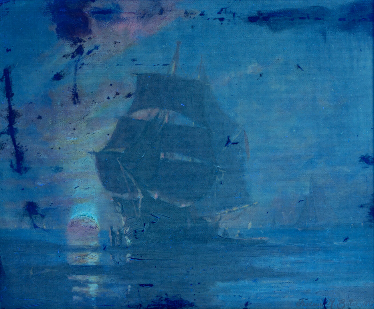 Lot 381: Frederick R. Bates O/C Marine Painting, Boston Harbor at Sunset