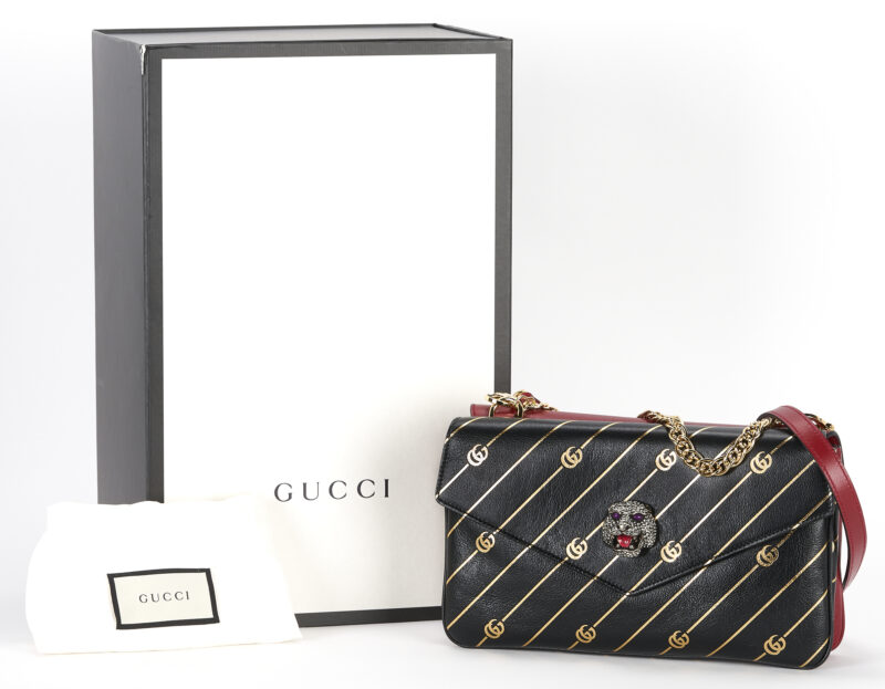 Lot 749: Gucci Thiara Double Shoulder Bag, GG Marmont, Medium, Black & Red
