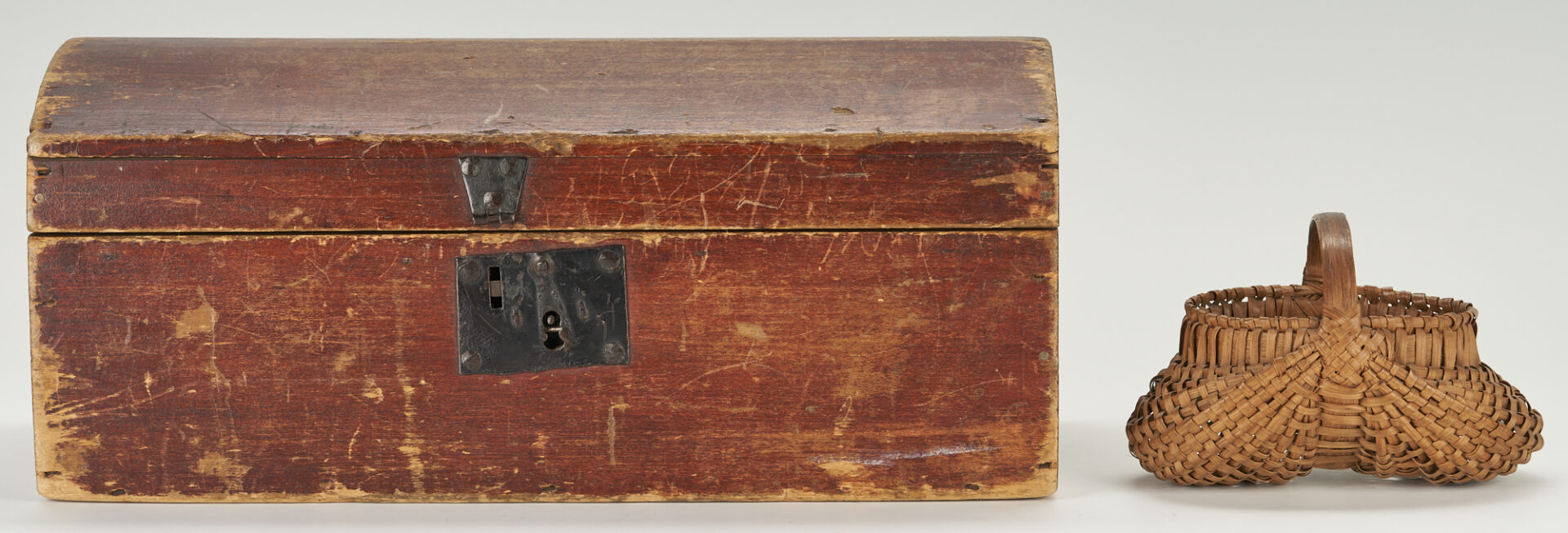 Lot 833: 19th c. New York Keepsafe Box, Miniature Buttocks Basket, 2 Political Ribbons