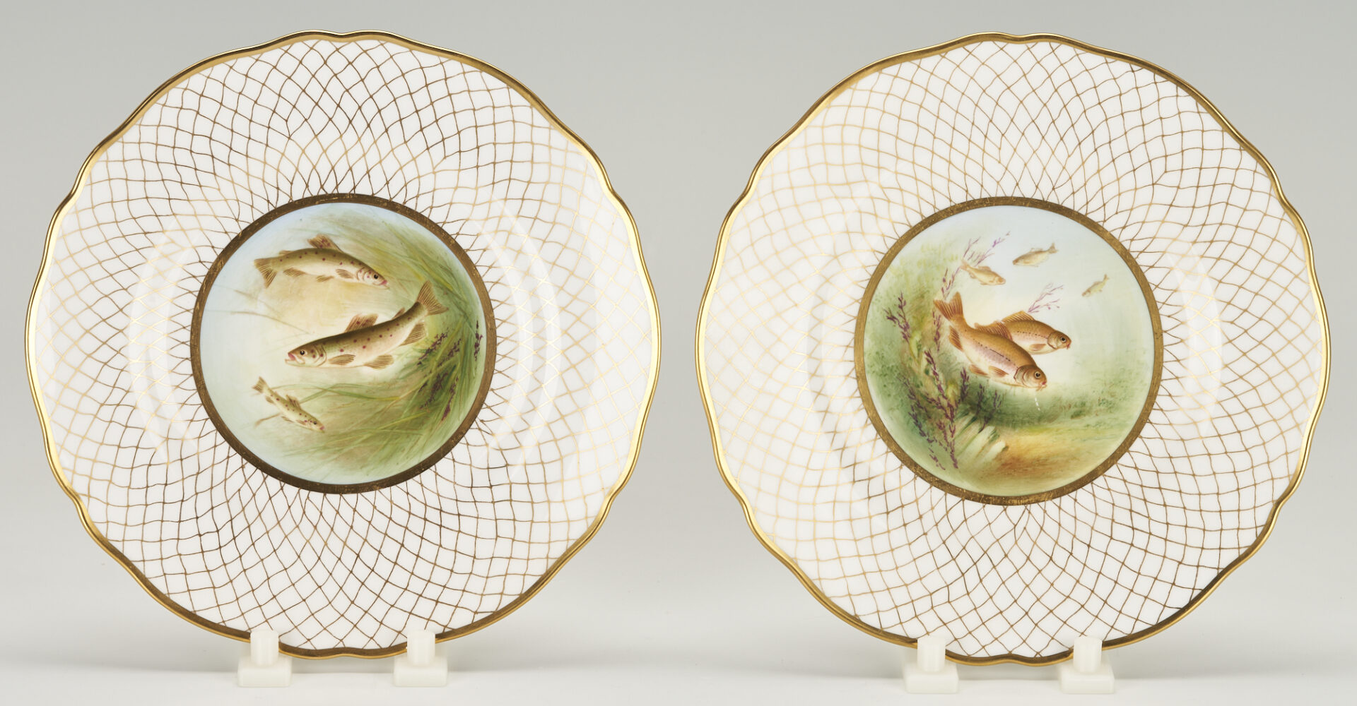 Lot 865: 10 Pcs of English Porcelain Incl. Spode Bone China Fish Plates & 2 Floral Encrusted Stag Cups