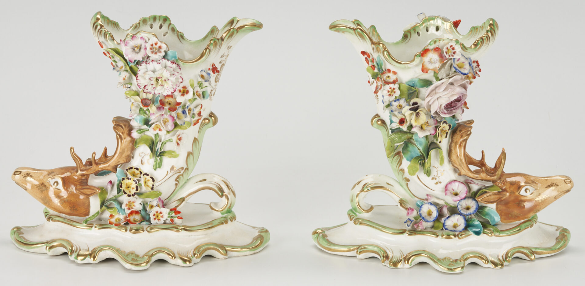 Lot 865: 10 Pcs of English Porcelain Incl. Spode Bone China Fish Plates & 2 Floral Encrusted Stag Cups