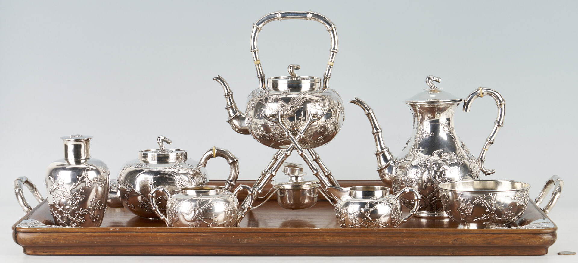 Lot 1: Wang Hing Chinese Export Silver Tea Set with Tray